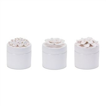 HomeRoots Set of Three White Ceramic Flowers Decorative Keepsake Boxes