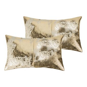 HomeRoots Set of Two 12" X 20" Natural And Gold Lumbar Cowhide Throw Pillows
