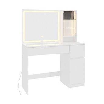 Glass Top Vanity with LED, Power, Jewelry Storage & 2 Drawers, White