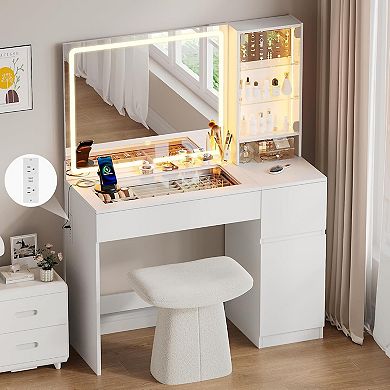 Glass Top Vanity with LED, Power, Jewelry Storage & 2 Drawers, White