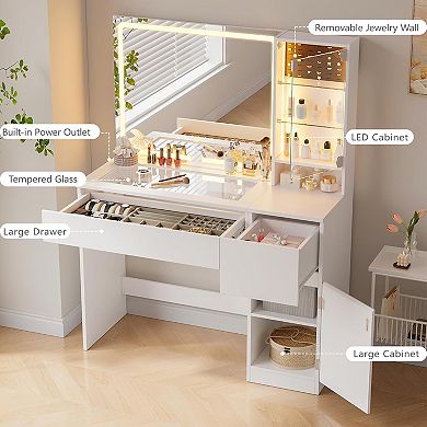 Glass Top Vanity with LED, Power, Jewelry Storage & 2 Drawers, White
