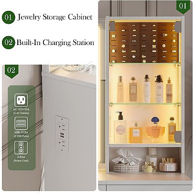 Glass Top Vanity with LED, Power, Jewelry Storage & 2 Drawers, White