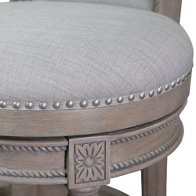 HomeRoots 25" Gray Solid Wood and Fabric Counter Height Swivel Bar Chair