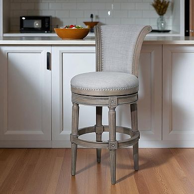 HomeRoots 25" Gray Solid Wood and Fabric Counter Height Swivel Bar Chair