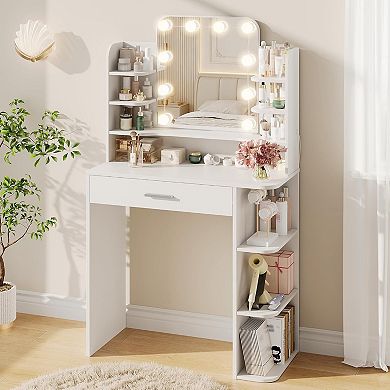 31" Makeup Vanity Desk, LED Vanity with Power, Jewelry Storage & Cloth Drawers