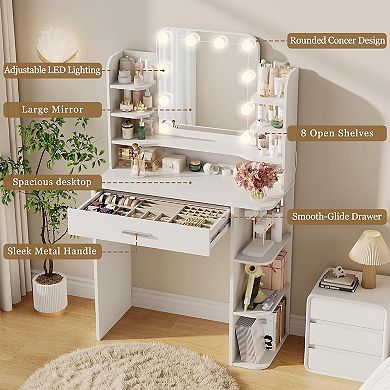 31" Makeup Vanity Desk, LED Vanity with Power, Jewelry Storage & Cloth Drawers