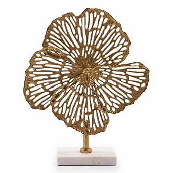 HomeRoots 18" Antiqued Gold And White Aluminum And Marble Flowers Abstract Tabletop Sculpture