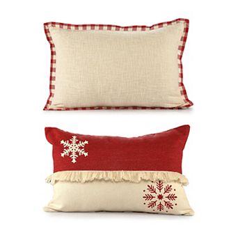 HomeRoots Set of Two Ivory And Red Lumbar Christmas Cotton Throw Pillow Covers