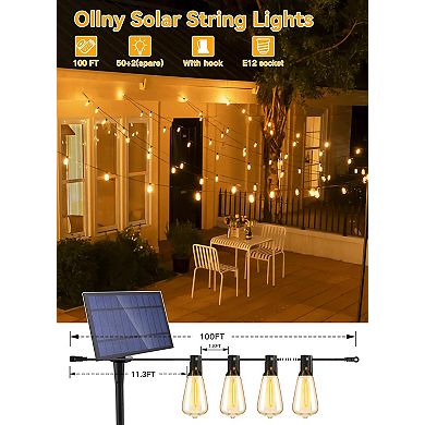 Ollny 100FT ST38 Solar Patio Lights (50 Bulbs, IP45 Waterproof, Solar Powered, 2 Spare Bulbs)