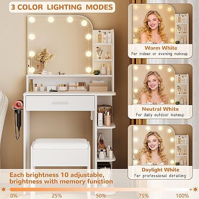Compact LED Vanity Set with Chair, Power & 3 Light Colors, White