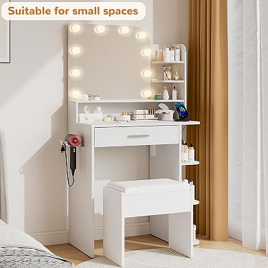 Compact LED Vanity Set with Chair, Power & 3 Light Colors, White