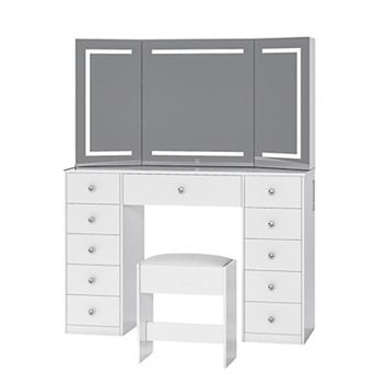 3-Mirror LED Vanity Desk with Power, 11 Drawers & Bench, White