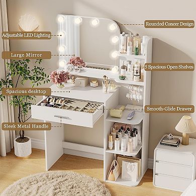 wanan Makeup Vanity Desk with Mirror and Lights, Small Vanity Table with 5 Storage Shelves