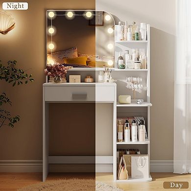 wanan Makeup Vanity Desk with Mirror and Lights, Small Vanity Table with 5 Storage Shelves
