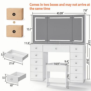 3-Mirror LED Vanity Desk with Power, 11 Drawers & Bench, White