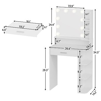 26" LED Vanity with Mirror, Large Drawer, 6 Shelves & 3 Light Modes