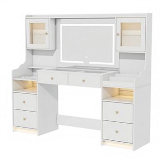 62" Glass Top Vanity with LED, Power, 4 Drawers & 2 Cabinets, White
