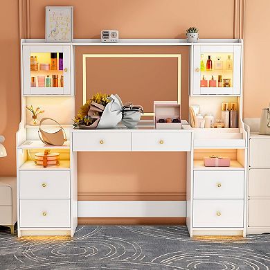 62" Glass Top Vanity with LED, Power, 4 Drawers & 2 Cabinets, White