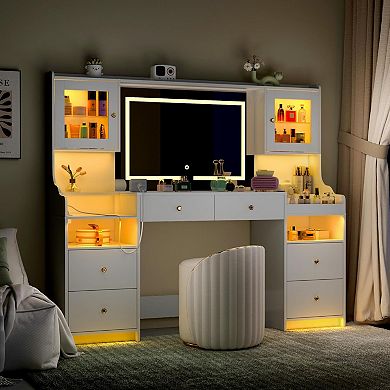 62" Glass Top Vanity with LED, Power, 4 Drawers & 2 Cabinets, White