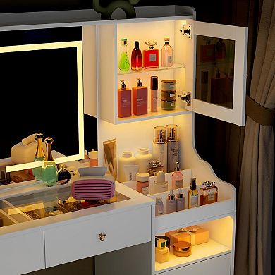 62" Glass Top Vanity with LED, Power, 4 Drawers & 2 Cabinets, White