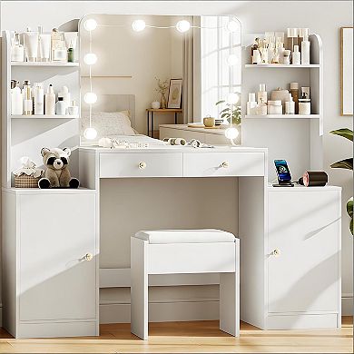 53" Vanity Set with Chair, Power, LED Mirror & Adjustable Brightness