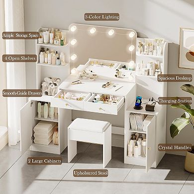 53" Vanity Set with Chair, Power, LED Mirror & Adjustable Brightness