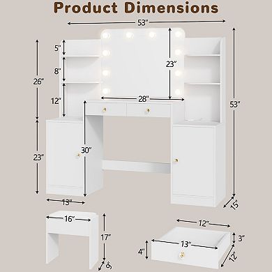 53" Vanity Set with Chair, Power, LED Mirror & Adjustable Brightness