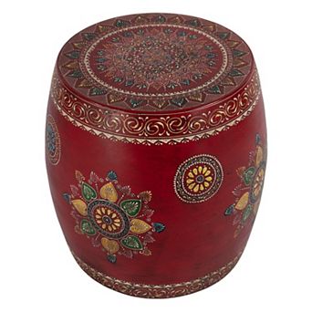 HomeRoots 18" Red Iron Hand Painted Floral Round Drum End Table
