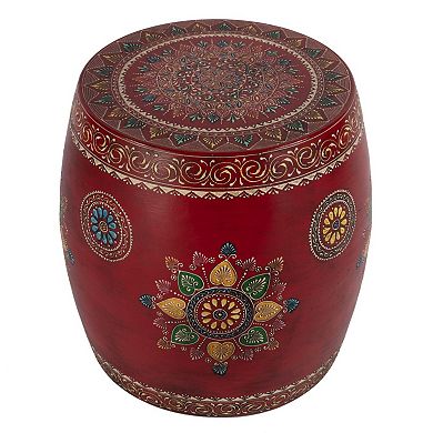 HomeRoots 18" Red Iron Hand Painted Floral Round Drum End Table