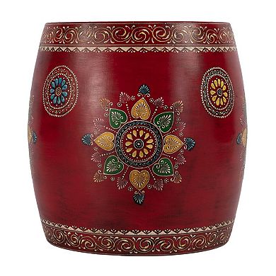 HomeRoots 18" Red Iron Hand Painted Floral Round Drum End Table