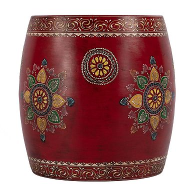 HomeRoots 18" Red Iron Hand Painted Floral Round Drum End Table