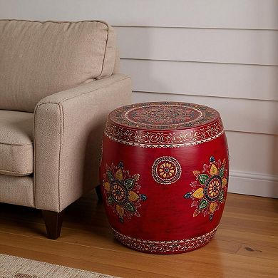 HomeRoots 18" Red Iron Hand Painted Floral Round Drum End Table