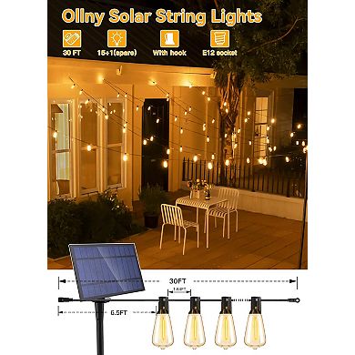 Ollny 30FT ST38 Outdoor Solar Lights (15 Bulbs, IP45 Waterproof, Solar Powered, 1 Spare Bulb)