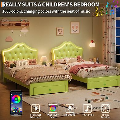 Upholstered Bed Frame with LED,Faux Leather Bed with Crystal Button Detail and Storage Drawers,Kids