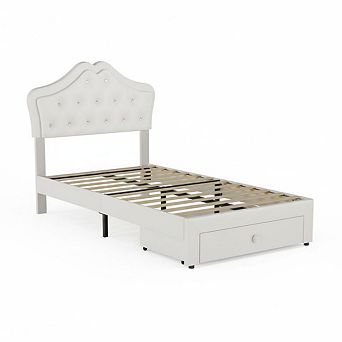 Upholstered Bed Frame with LED,Faux Leather Bed with Crystal Button Detail and Storage Drawers,Kids