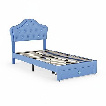 Upholstered Bed Frame with LED,Faux Leather Bed with Crystal Button Detail and Storage Drawers,Kids