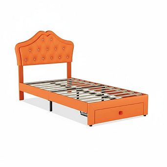 Upholstered Bed Frame with LED,Faux Leather Bed with Crystal Button Detail and Storage Drawers,Kids