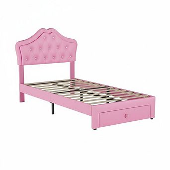 Upholstered Bed Frame with LED,Faux Leather Bed with Crystal Button Detail and Storage Drawers,Kids
