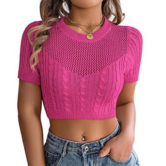 Women's Crew Neck Openwork Cable Knit Hollow Out Shirt Short Sleeve Cropped Top Summer Casual Blouse