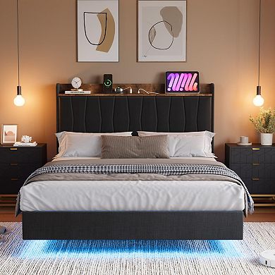Floating Platform Bed Frame with LED Storage Headboard and Charging Ports,Upholstered,Wood Slats