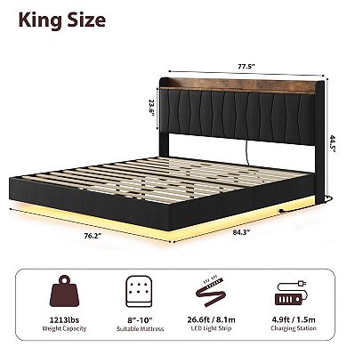 Floating Platform Bed Frame with LED Storage Headboard and Charging Ports,Upholstered,Wood Slats