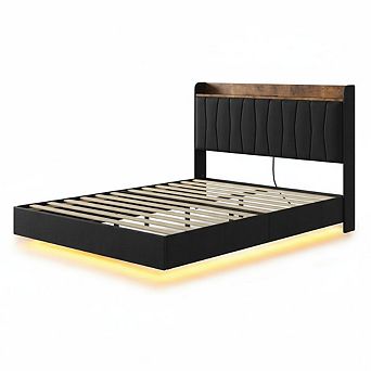 Floating Platform Bed Frame with LED Storage Headboard and Charging Ports,Upholstered,Wood Slats