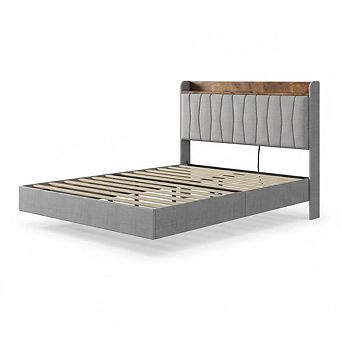 Floating Platform Bed Frame with LED Storage Headboard and Charging Ports,Upholstered,Wood Slats