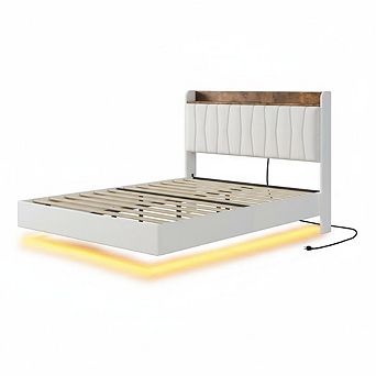 Floating Platform Bed Frame with LED Storage Headboard and Charging Ports,Upholstered,Wood Slats