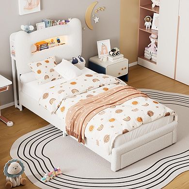 Upholstered Kids Bed Frame with Storage Headboard, LED Platform with Charging Station and Drawer