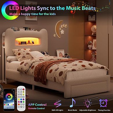 Upholstered Kids Bed Frame with Storage Headboard, LED Platform with Charging Station and Drawer