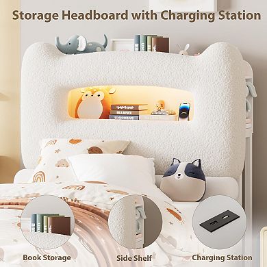 Upholstered Kids Bed Frame with Storage Headboard, LED Platform with Charging Station and Drawer