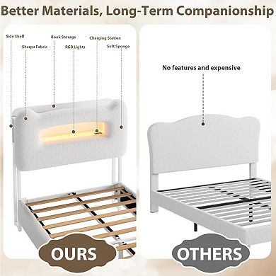 Upholstered Kids Bed Frame with Storage Headboard, LED Platform with Charging Station and Drawer