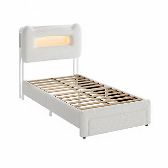 Upholstered Kids Bed Frame with Storage Headboard, LED Platform with Charging Station and Drawer