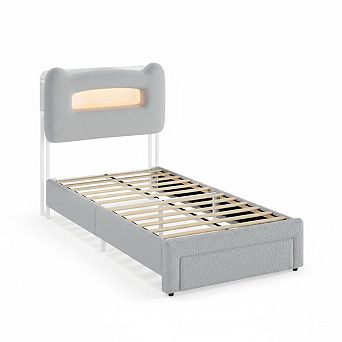 Upholstered Kids Bed Frame with Storage Headboard, LED Platform with Charging Station and Drawer